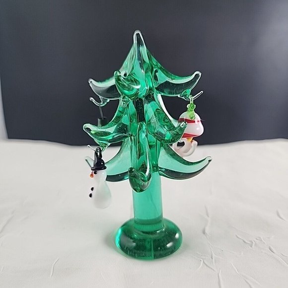 4" Solid Green Art Glass Christmas Tree with 5 Tiny Art Glass Ornaments - Picture 3 of 7